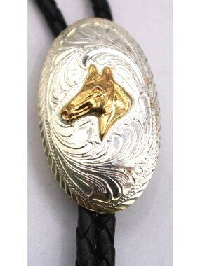 Western Bolo Tie Silver Gold Horse Head Slide Leather Cord M & F Western Mexico